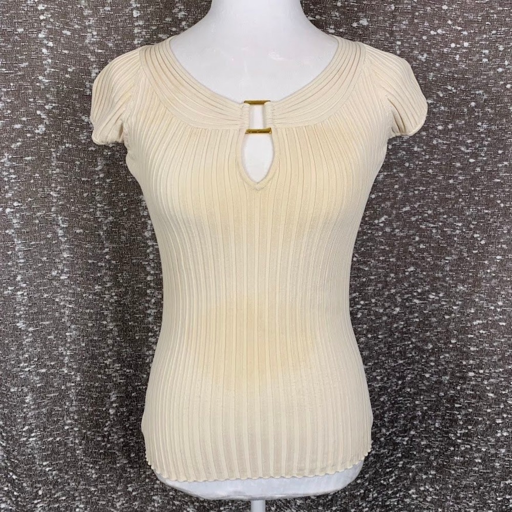 INC International Concepts Cream Ribbed Keyhole Top Minimalist Chic Womens Small